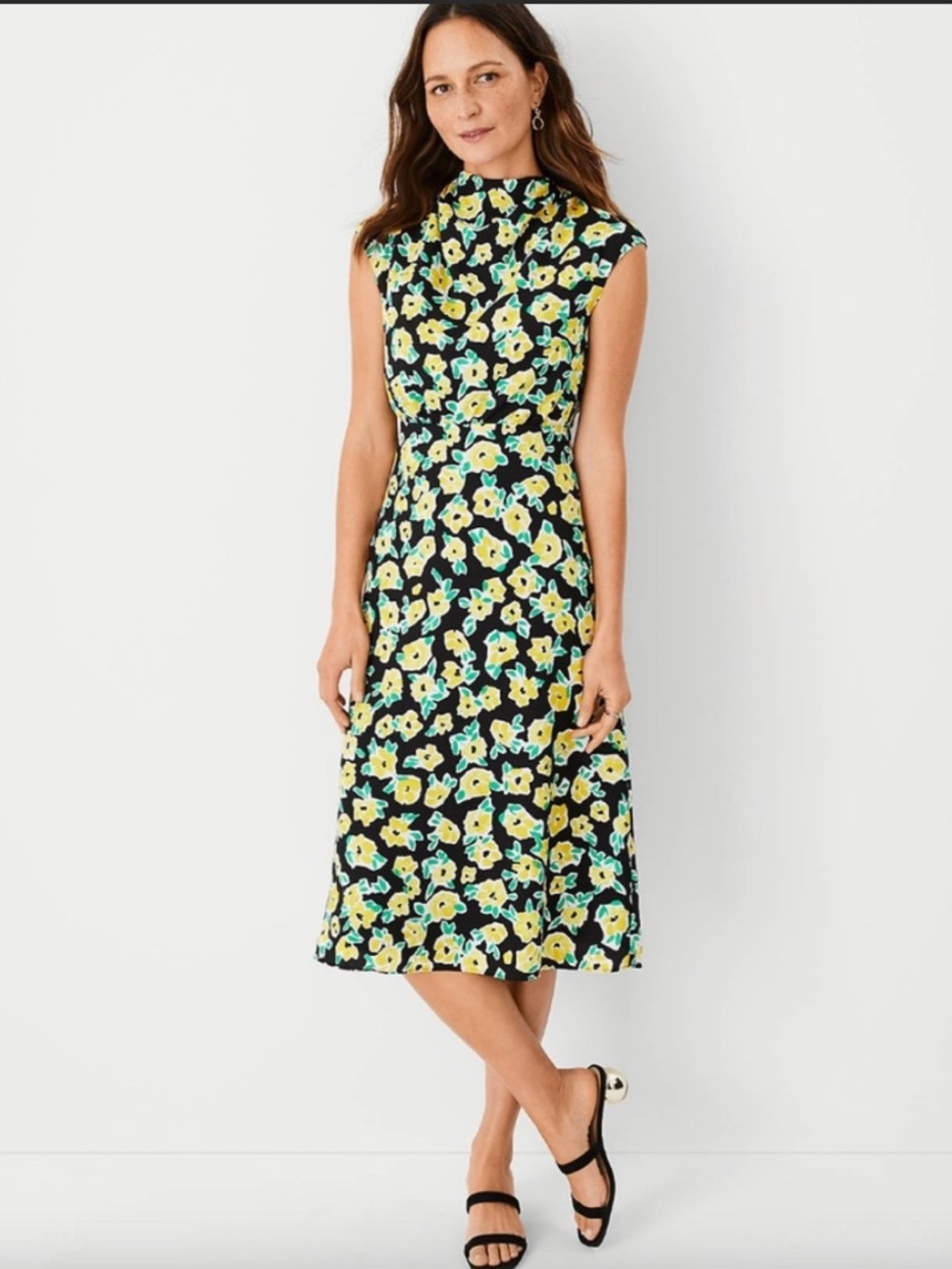 Ann Taylor Floral Mock Neck Midi Flare Dress